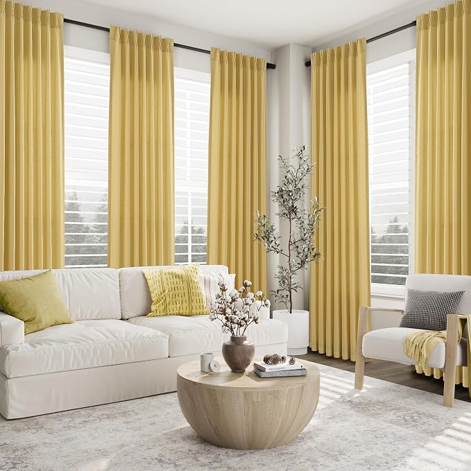 Aersas Yellow Pinch Pleated Linen Curtains 112 Inches for Living Room 2 Panels Modern Semi Sheer Light Filtering Privacy Drapes Flax Fabric Back Tab Rod Pocket Curtain 40 Inch Width x 112 Inch Length