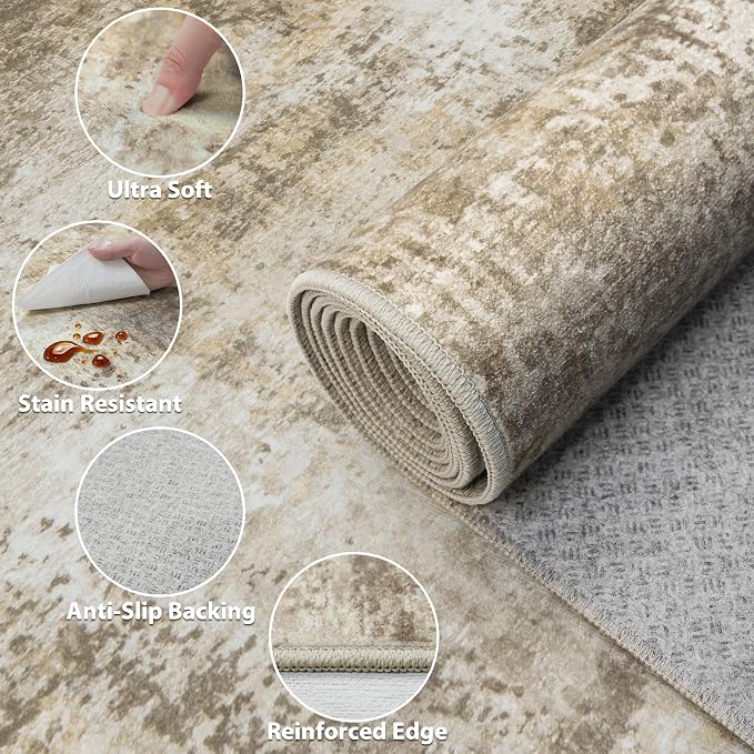 9x12 Area Rugs Living Room Rugs: Large Washable Rug with Anti-Slip Backing Non-Shedding Stain-Resistant Soft Abstract Carpet for Bedroom Dining Room Nursery Hallway Indoor Home Office Beige Grey