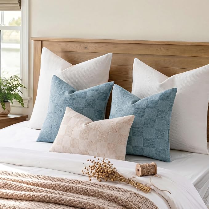 a moment Set of 2 Decorative Linen Throw Pillow Covers,Large Grid Textured Neutral Boho Farmhouse Cushion Covers,Soft Aesthetic Pillowcases for Couch Sofa Living Room Home Decor,20x20 Inch,Blue