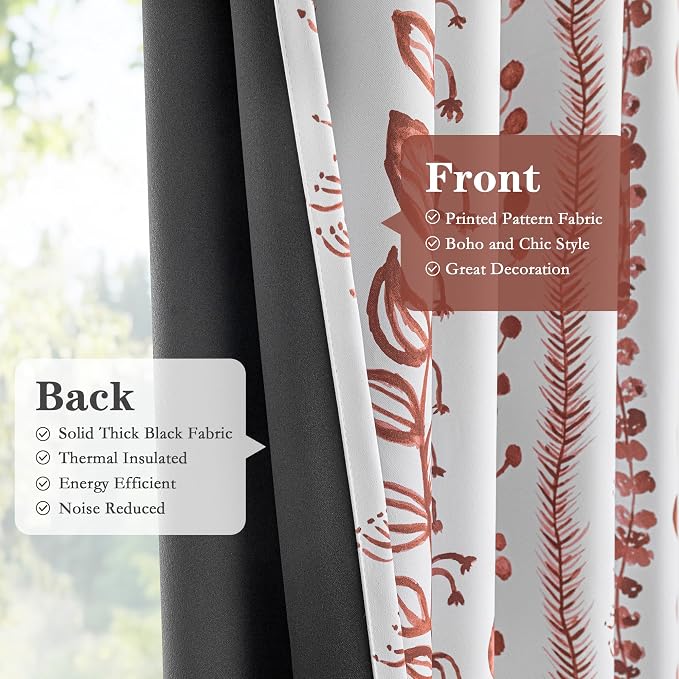 MEETSKY Boho Terracotta Blackout Curtains 84 Inches Long 2 Panels - Burnt Orange Curtains for Living Room Thermal Insulated Rod Pocket Drapes for Bedroom, Leaf Print Window Treatment, 50" Wide