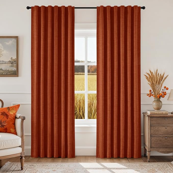 HOMEIDEAS 100% Blackout Faux Linen Curtains,Burnt Orange Modern Farmhouse Luxury Curtains 63 Inches Long 2 Panels, Rod Pocket & Back Tab for Boho Vintage Living Room,Bedroom Decor