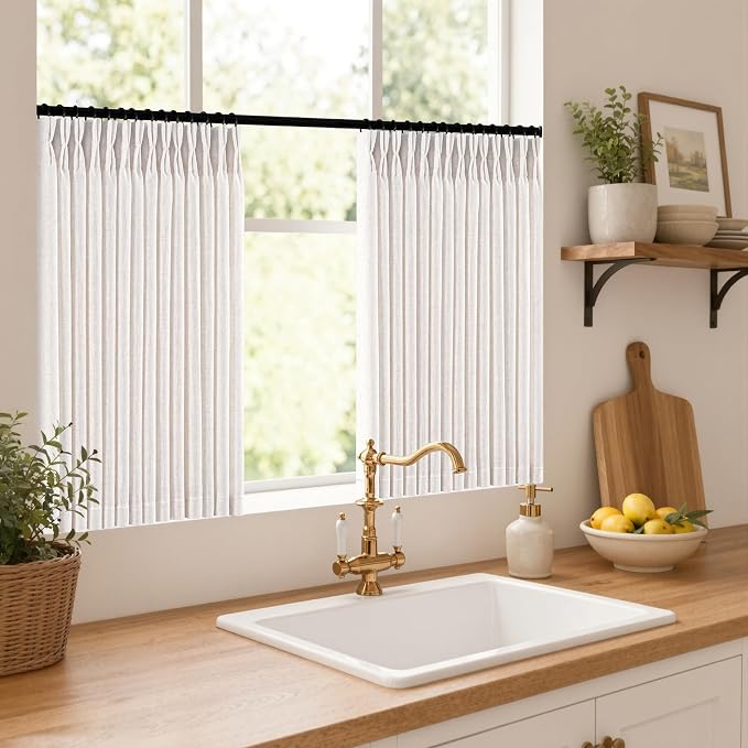 MIULEE Pinch Pleated Thick Linen Curtains 30 Inches Long 2 Panels for Kitchen Bedroom, Small Short Linen Textured Memory Trained Drapes Pleat Back Tab Light Filtering Natural Half Window Curtains