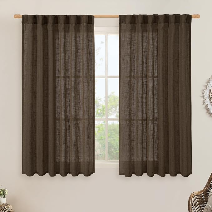 LAMIT Linen Semi Sheer Curtains 48 Inch for Bedroom, Light Filtering Neutral Window Curtains Farmhouse Boho Back Tab and Rod Pocket Panels, Dark Brown, 2 Panels, 52 x 48 Inch