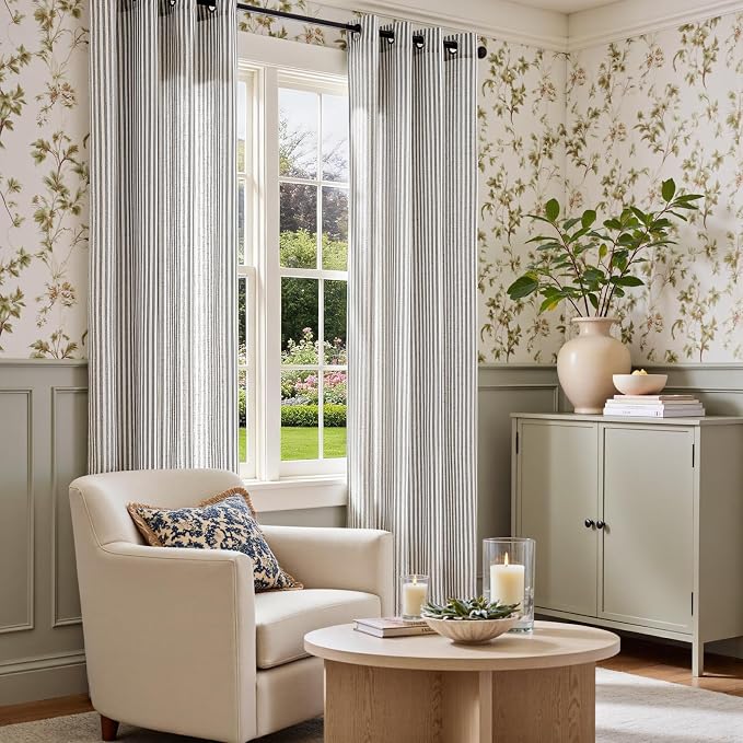 Vangao Linen Striped Curtains for Living Room Bedroom Farmhouse Tickingstripe Light Filtering Window Curtains Printed Drapes Grommet Top 2 Panels Charcoal Grey W50 x L96 Inch