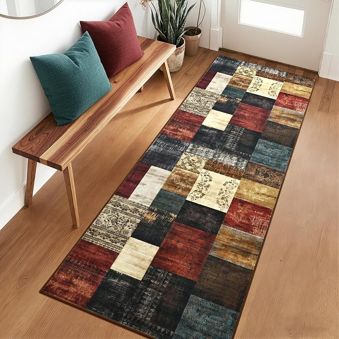 DweIke Runner Rug for for Hallways, 2'x6' Washable Kitchen Rugs with Non Slip Rubber Backing, Soft Low Pile Non-Shedding Geometric Carpet for Laundry Bedroom Bathroom, Colorful