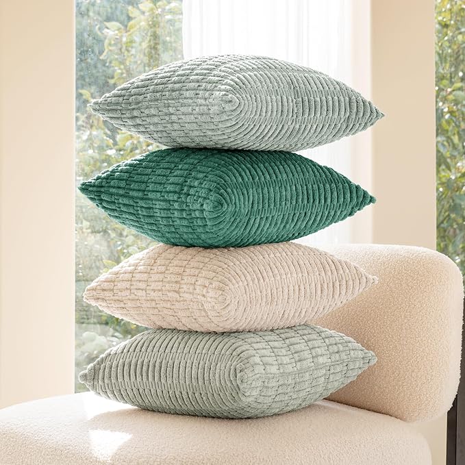 Softalker Grren Throw Pillow Covers,22x22 Inch Set of 4, Corduroy Soft Striped Farmhouse Boho Pillow Cover, Modern Decorative Cushion Pillow Case for Couch Sofa Bedroom Living Room - Beige/Green
