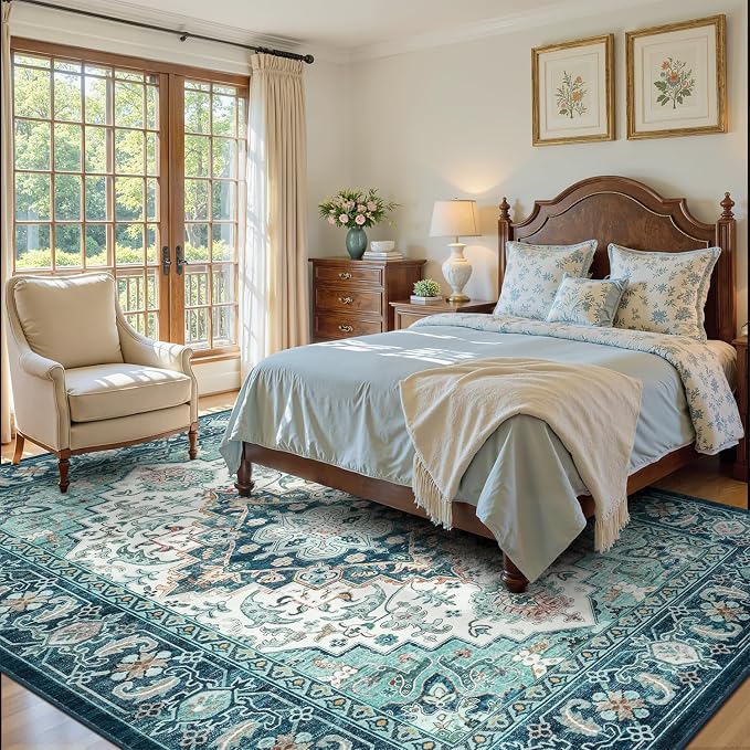 Lofus 9x12 Washable Rugs Non-Slip, Vintage Floral Area Rug for Living Room Bedroom Dining Room Kitchen, Low Pile Distress Print Medallion Carpet Home Decor Rug, Floral Green Beige