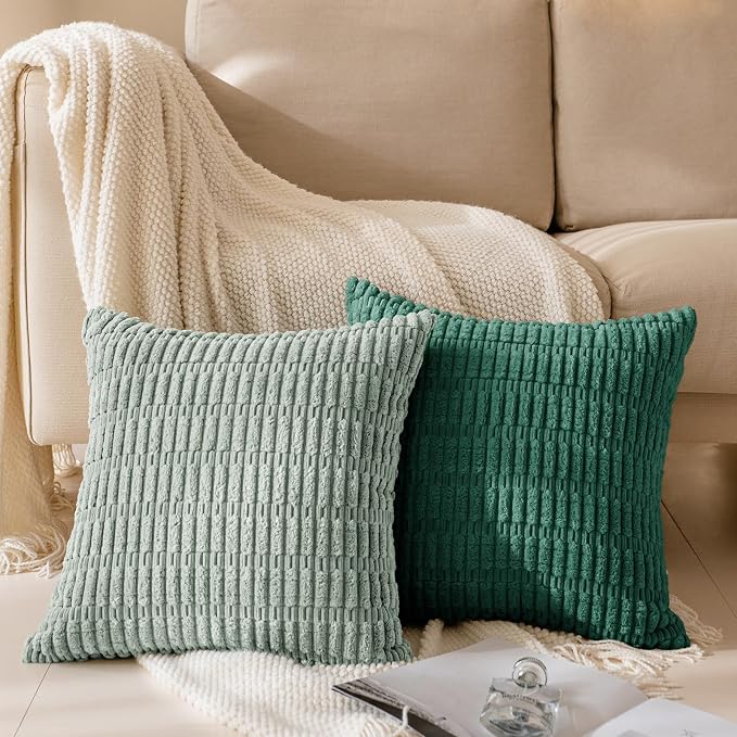 Softalker Throw Pillow Covers 20x20 Inch, Set of 4, Corduroy Soft Striped Farmhouse Boho Pillow Cover, Modern Decorative Cushion Pillow Case for Couch Sofa Bedroom Living Room, Beige/Green