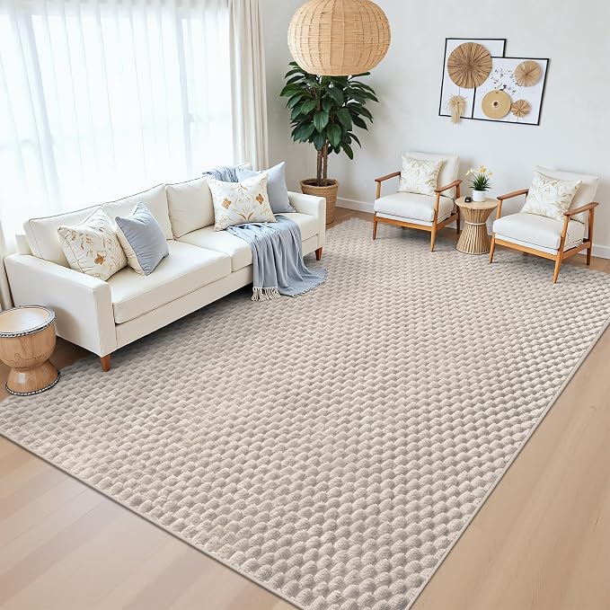 Vaukki 6x9 Area Rug for Living Room, Non Slip Washable 3D Bubble Living Room Rug, High Low Pile Hexagon Floor Mat for Bedroom, Modern Soft Fluffy Carpet for Dining Room, Office and Nursery, Beige