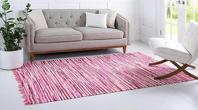 Unique Loom Chindi Cotton Collection Hand Woven Natural Fibers Area Rug_CCH002, 9 ft x 12 ft, Pink/Ivory