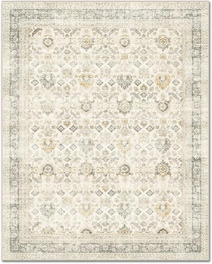 Boho Washable 8x10 Area Rugs for Living Room, Cushioned, Beige/Grey | Vintage Non-slip Neutral Oriental Rugs for Bedroom Dining Room Nursery Office High Traffic Area