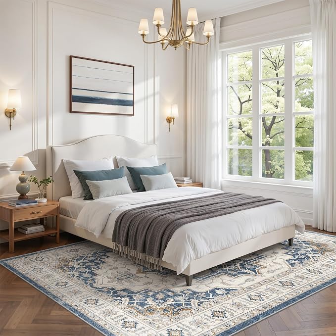 befbee 6x9 Area Rug for Living Rooms, Stain Resistant Neutral Washable Rugs for Dining Rooms, Floral Vintage Non-Slip Thin Large Size Area Rugs(Blue)