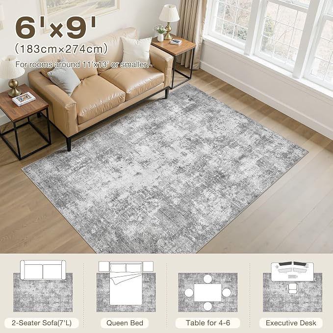 6x9 Area Rug, Non Slip Low Pile Washable Large Rug for Living Room | Soft Modern Abstract Carpet, Stain Resistant Kid & Pet Friendly, Made for Dining Room, Nursery, Home Office Indoor - Gray