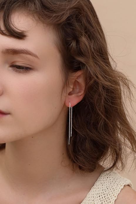 S.Leaf S925 Sterling Silver Threader Chain Earrings 18K Gold Plated Cubic Zirconia Dainty Dangle Double Piercing Long Drop Dangly Pull Through Tassel Chain Earrings Gifts for Women