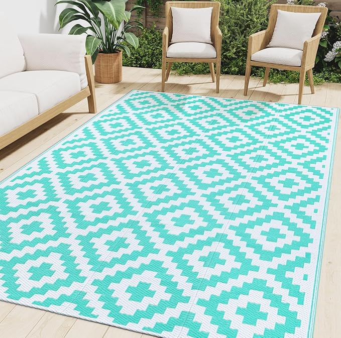 Smiry Waterproof Outdoor Rug 9X18 ft, Reversible Plastic Straw Patio Camping Rugs, Outdoor Indoor RV Mat Carpet for Patio, Outside Entry, Backyard, Deck, Bench, Picnic, Camper, White & Teal