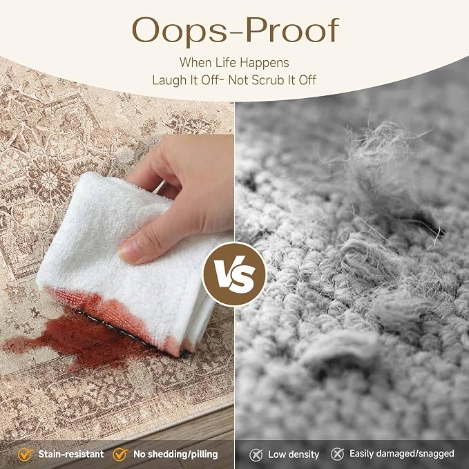 PureCozy Brown 6x9 Area Rug Washable Vintage Living Room Carpet Non Slip Retro Distressed Low Pile Soft Oriental Medallion Thin Large Throw Rug for Office Bedroom Dining Room Playroom