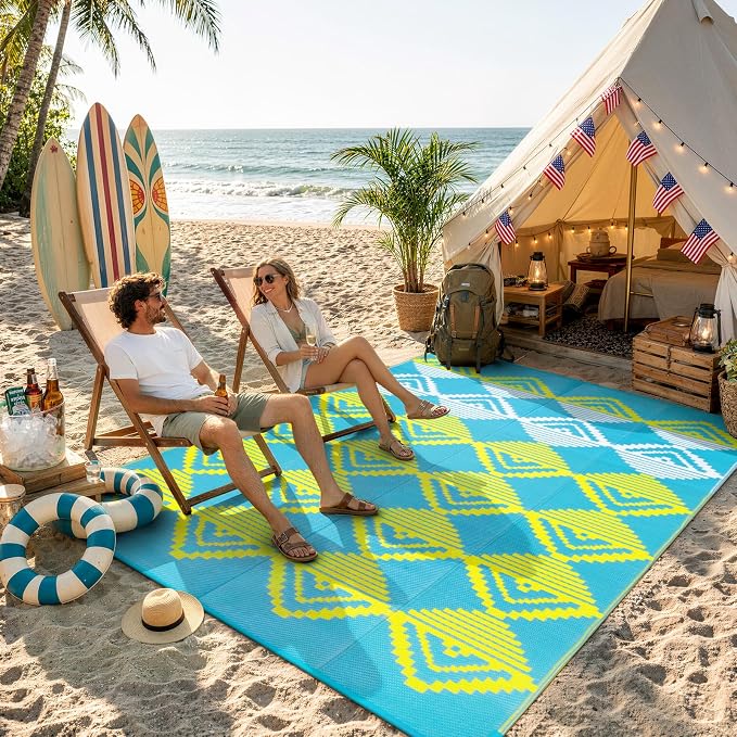 Beeiva Waterproof Outdoor Rug 6x9 for Camping, Balcony & RV, Reversible Plastic Straw Outdoor Mat Blue Yellow