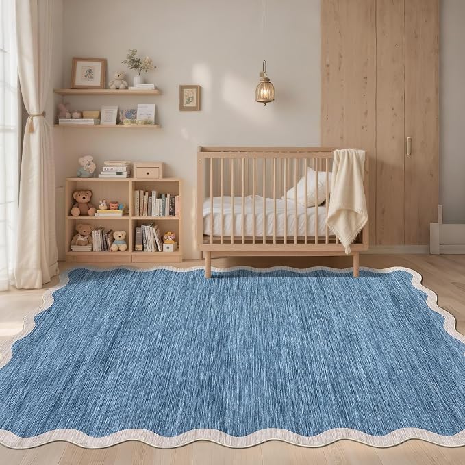 GarveeHome Scalloped Washable Area Rugs 9 x 12 Rug for Living Room Modern Non Slip Throw Rugs Blue Rug Large Bedroom Rugs Low Pile Stain Resistant Carpet for Dining Room Nursery 9 ft x12 ft Blue