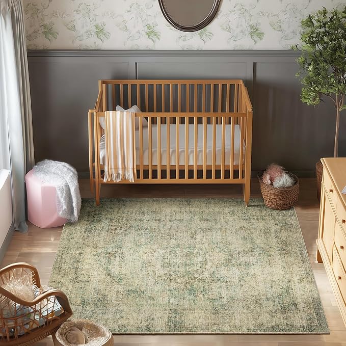 Machine Washable Rugs for Living Room: 5x7 Area Rugs for Bedroom Ultra Soft Non-Slip Low Pile Vintage Distress Boho Large Carpet for High-Traffic Dining Room - Farmhouse Decor
