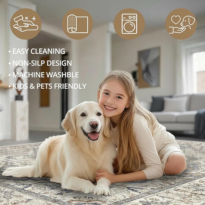 Beige 5x7 Washable Area Rug, Non-Slip Soft Ultra-Thin Polyester Carpet with Vintage Stain Resistant Indoor Rug for Living Room, Bedroom, Dining Room, Nursery Oeko-TEX - Beige/Blue
