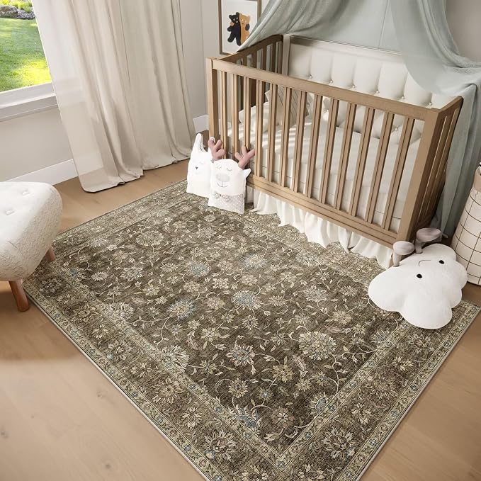 Washable 2x3 Entryway Rug, Boho Vintage Non-Slip Door Mat, Tan/Flaxen | 0.3" Neutral Throw Small Rugs for Bedroom Kitchen Nursery Entrance, Cushioned for High-traffic Area