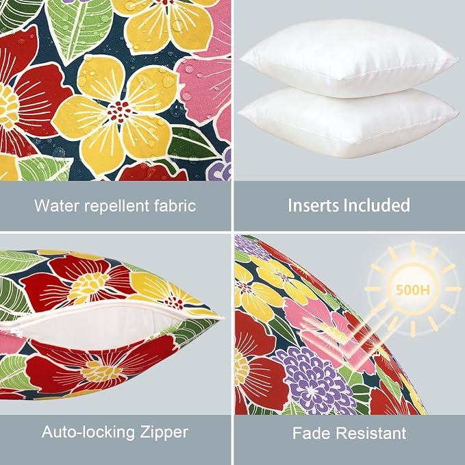 LVTXIII Outdoor Throw Pillows 18x18 Patio Waterproof Square Pillows with Piping Fade Resistant Accent Pillow for Spring Summer Garden Decoration, Set of 2, Flower Bloom