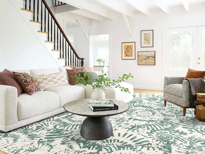 BLISSA Green White Living Room Rug - 8x10 Soft Washable Bedroom Area Rug Non-Slip Low-Pile Modern Contemporary Abstract Rugs for Living Room Bedroom Dining Room Under Table Nursery Foyer Large Carpet
