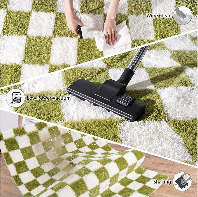 Pionblank 9x12 Area Rug, Large Fluffy Checkered Rugs for Living Room, Shag Rug for Bedroom, Soft Non Slip Shag Carpet for Kids Room Nursery Home Decor, Grass Green and White