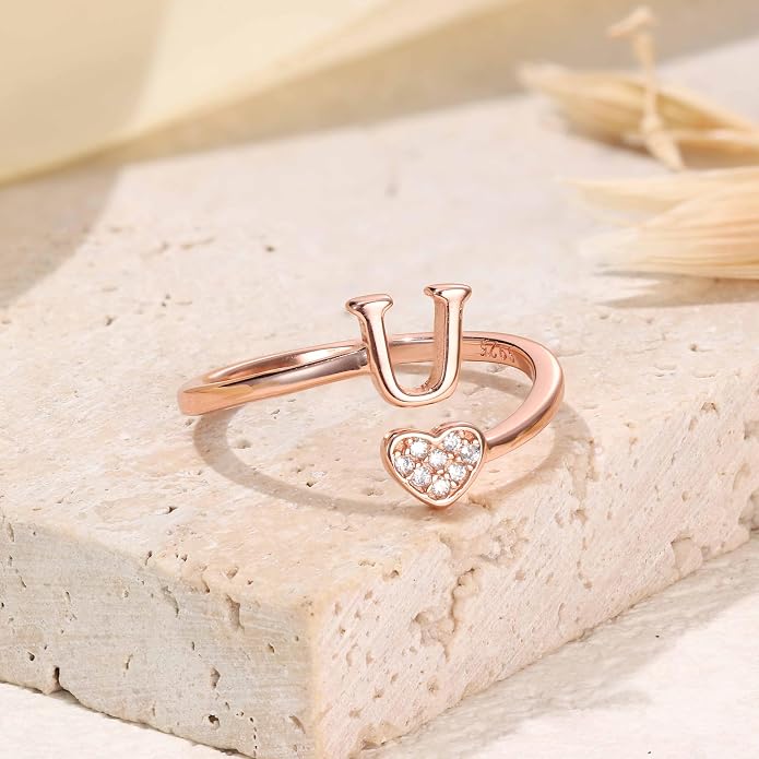 MILACOLATO 925 Sterling Silver Initial Rings for Women Teen Girl 18K Gold Plated Heart Initial Rings Adjustable Capital Letter Ring Stackable Thumb Pinky Rings for Daughter Birthday Bridesmaid Gifts Jewelry, A to Z