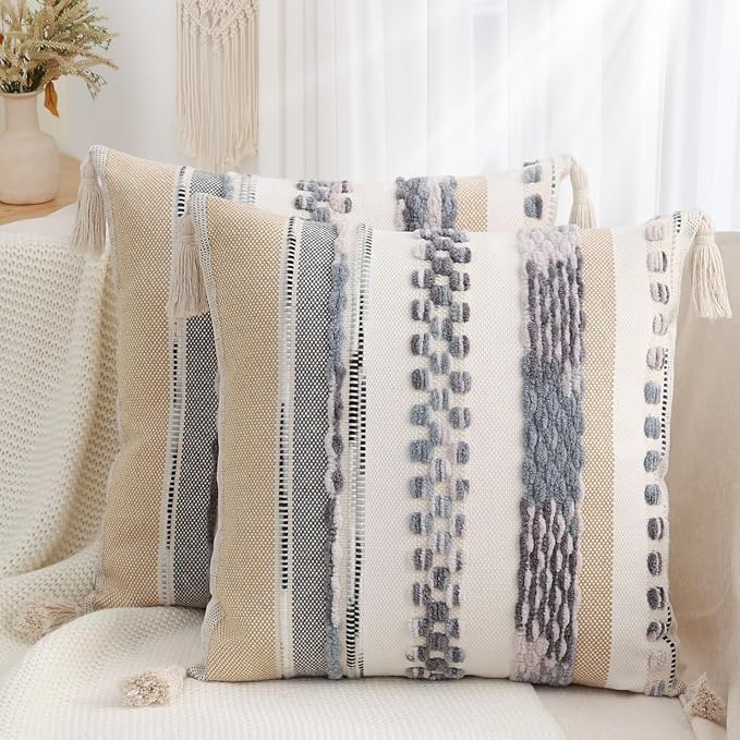 Simmore Fall Boho Decorative Grey Throw Pillow Covers 18X18 Set of 2 | Tufted Accent Modern Farmhouse Neutral Pillow Covers with Tassels for Cozy Bohemian Couch Sofa Bedroom Home Decor