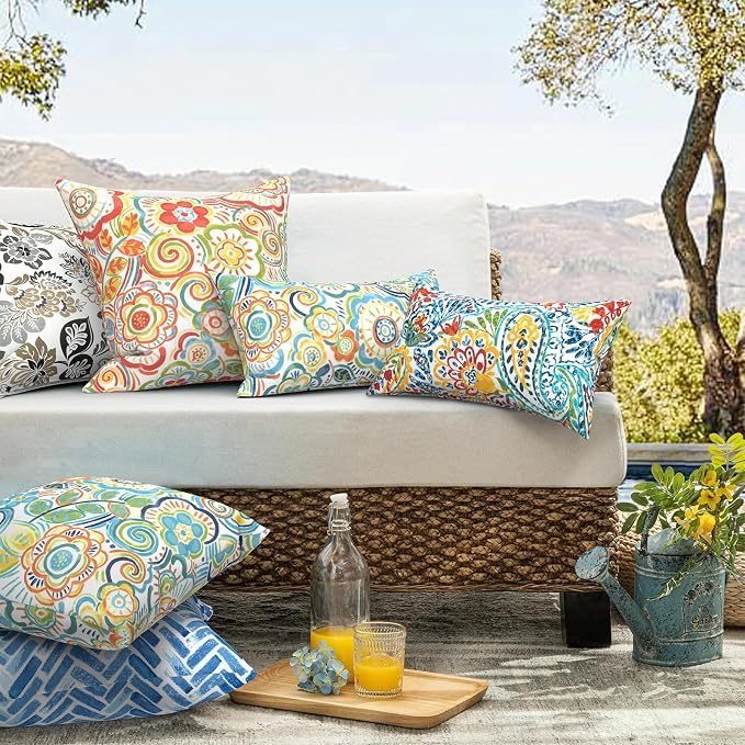 Pack of 2 Patio Throw Pillow Covers ONLY, Water Repellent Cushion Cases 20x20 Inch, Square Pillowcases for Outdoor Couch Decoration, Flower Multi