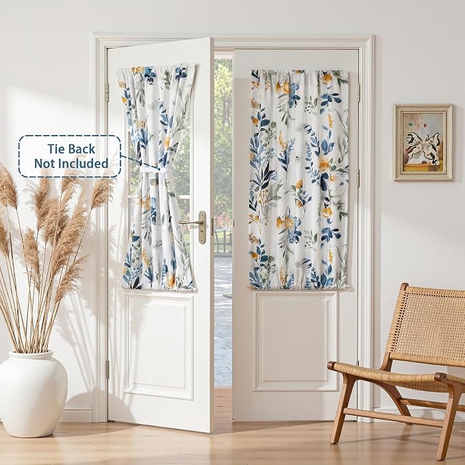 MYSKY HOME Floral French Door Curtains 40 inch Long Set of 2 - Blackout Privacy Sidelight Door Window Drapes with Rod Pocket, Yellow and Blue, 24" W Each Panel