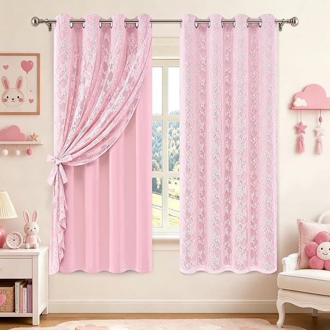 Yinhua Pink Blackout Curtains Double Layer Curtains for Bedroom 63 Inch Length Nursery Curtain for Living Room, Grommet Drapes with Tiebacks, 2 Panels, 52" W x 63" L