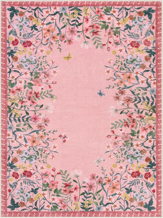 Wonnitar 9x12 Washable Area Rug, Pink Floral Rug for Living Room, Boho Large Non Slip Bedroom Carpet, Cute Botanical Nursery Rug, Soft Low Pile Kids Playroom Decor (9x12 Pink)