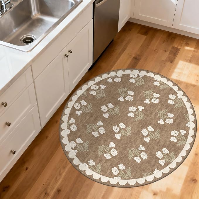 Tan 3ft Round Rug for Entryway - 3x3 Small Washable Floral Neutral Farmhouse Scalloped Round Rug for Bedroom Non Slip Front Door Mat Indoor Stain Resistant Circle Rugs for Bathroom Kitchen