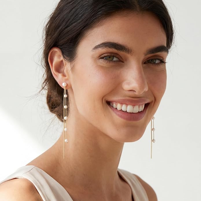SLUYNZ Solid 925 Sterling Silver Simulated Shell Pearl Dangle Earrings Chain for Women Teens Elegant Long Dangle Earrings Tassel Wedding Bridal Earrings Prom Party Engagement Jewelry
