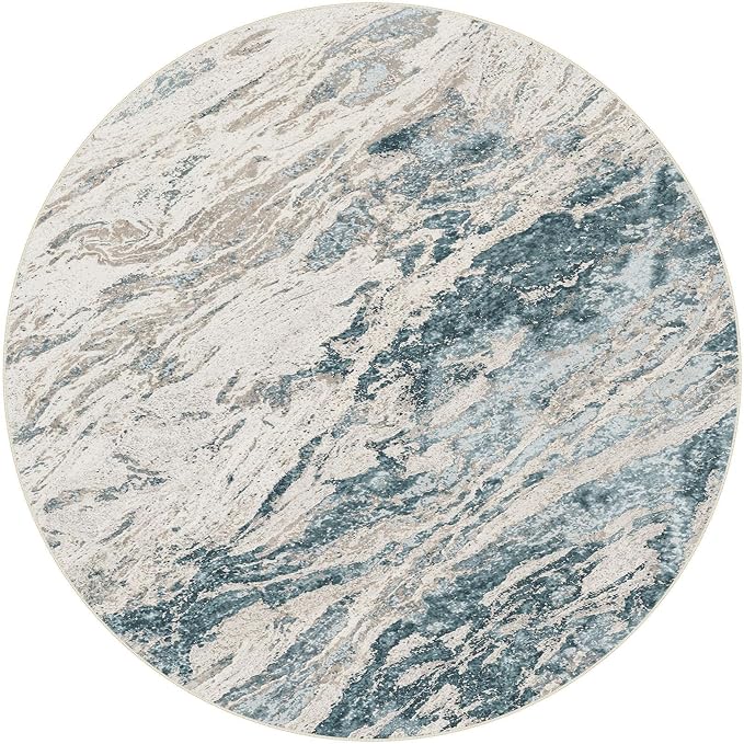 Area Rugs for Living Room: 6ft Round Abstract Washable Rug Modern Neutral Large Soft Stain Resistant Non-Slip for Bedroom Dining Room Indoor Home Office Carpet - Blue Brown