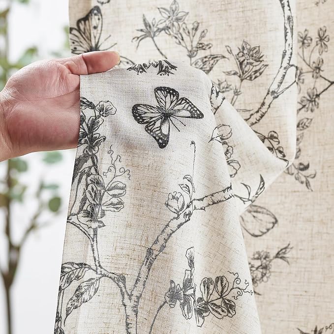 Lazzzy Charlotte Farmhouse Linen Curtains Black Floral Curtains 108 Inch Length Extra Long Drapes for Living Room Bedroom Light Filtering Country Vintage Rod Pocket Curtain, 2 Panels, Black on Beige