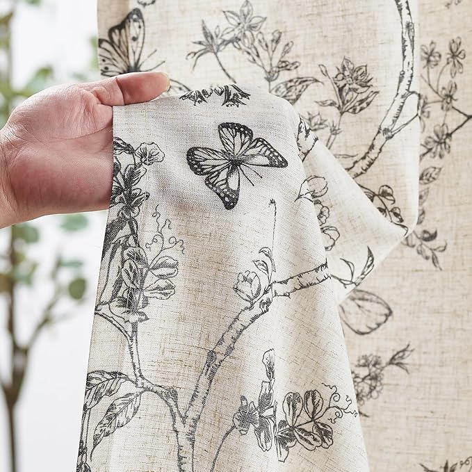 Lazzzy Charlotte Black Floral Linen Farmhouse Curtains 96 Inches Long Back Tab Drapes for Living Room Bedroom Light Filtering Country Vintage Rod Pocket Curtains,2 Panels, Black on Beige