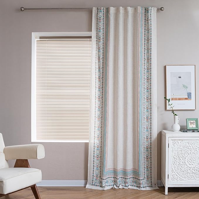MYSKY HOME Boho Floral Curtains & Drapes 2 Panels - Semi Sheer Linen Blended Flower Curtains 95 Inches Long Light Filtering Privacy Protect Damask Pattern Decoration Texture Soft Touch Back Tab, Teal
