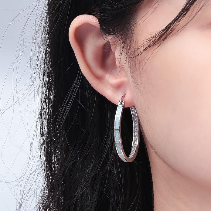 CiNily Opal Hoop Earrings,Women Jewelry Rhodium Plated/Rose Gold or Yellow Gold Plated Gemstone Big Hoop Earrings 32mm