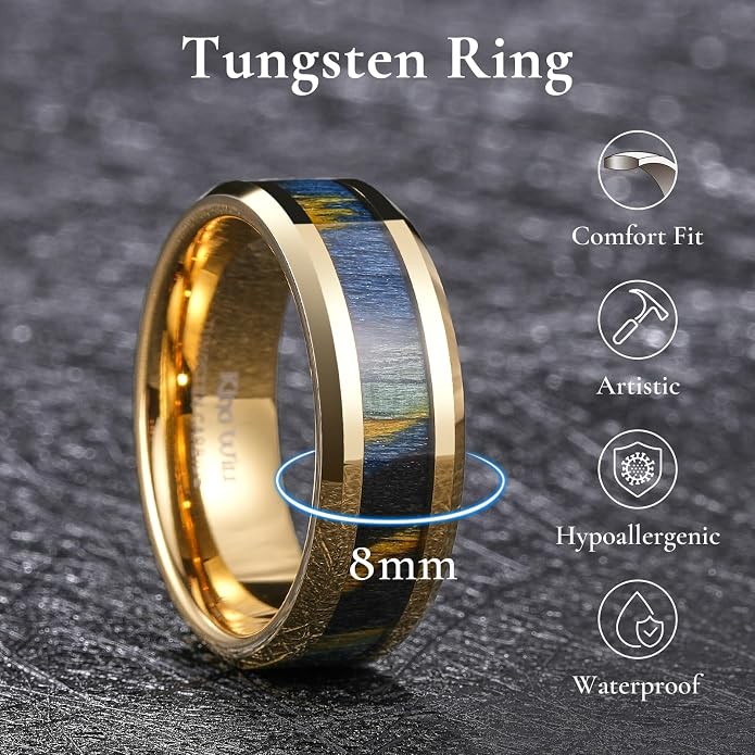 King Will Black Tungsten Wedding Band For Men, 8mm Promise Ring Inlay Red Twill Pattern/Colorful Wood Chips, High Polished Beveled Edge - Suitable For Daily Wear, Comfort Fit Size 7-14