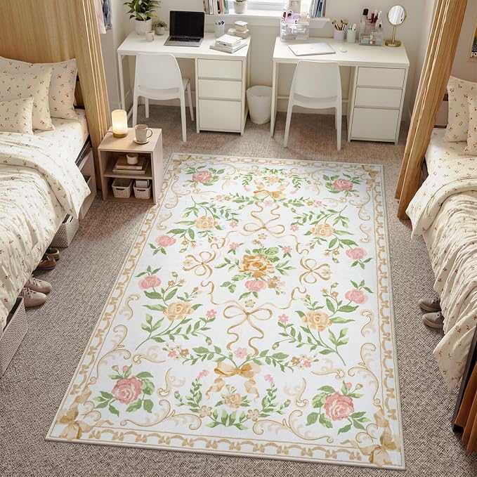 Collive Floral Rugs for Girls, 5x7 Boho Gold Bow Washable Area Rug for Living Room, Cute Ultra-Thin Non Slip Indoor Decor Carpet for Nursery Kids Room Bedroom Playroom