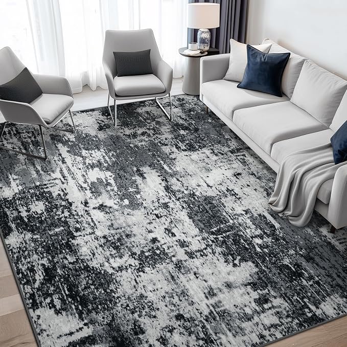 RELEANY Washable Area Rugs 6'x8' Non-Slip Modern Abstract Soft for Living Room Entryway Bedroom Kitchen, Print Pattern, Black Navy Blue Gray