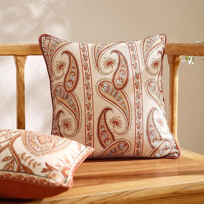 ISAENNE Vintage Linen Throw Pillow Cover,Set of 2,18"x18"-Chauffrey B | Designer Elegant Square Pillow Cover,Concealed Zipper Design,Cashew Pattern,Sofa,Bedroom,Living Room,Lounge Chairs