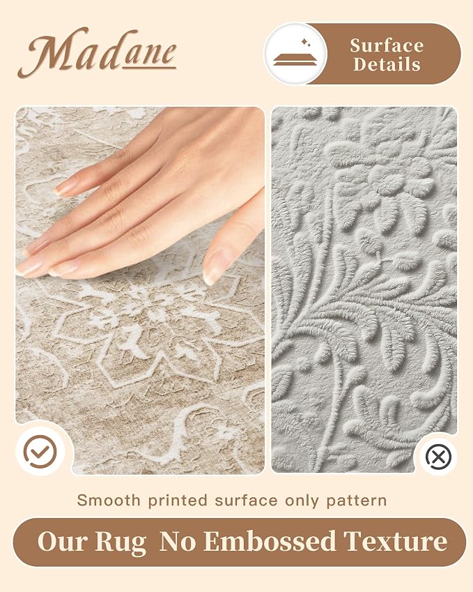 Madane Washable Runner Rug 2x5 with Non-Slip Rubber Backing, Vintage Kitchen Hallway Rug Soft Low Pile Throw Carpet Runner for Entryway Laundry Bathroom Bedroom Living Room (2 x 5, Beige/Brown)