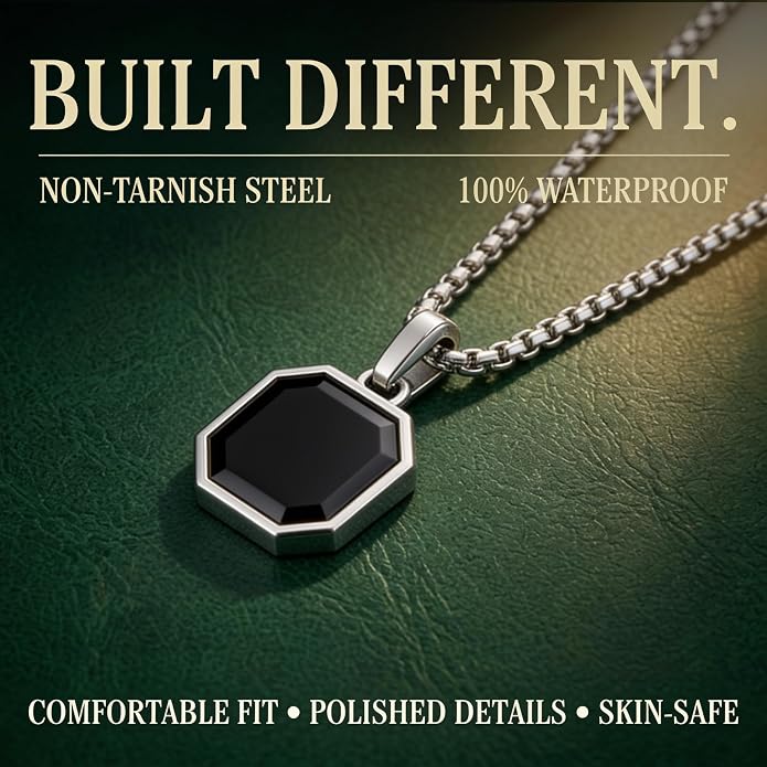 Galis Mens Necklace - Premium Stainless Steel Silver Chain Necklace, Non Tarnish, Chains, Triangle, Cross, Black Enamel, Compass Pendant, Stylish Jewelry - Gift for Him 24"