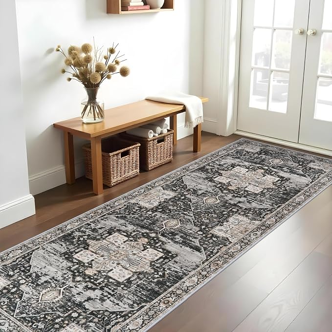 RUUGME Hallway 3x10 Runner Rug - Washable Rugs with Non Slip Backing Ultra Thin Stain Resistant Carpet for Kitchen Living Room Bedroom Vintage Tribal Rugs for Floor Decoration Mat 3x10 Black