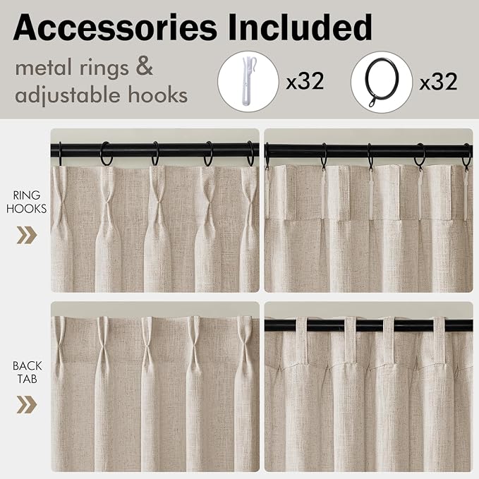 MIULEE 4 Panels Set Pinch Pleated Linen Curtains 90 Inches Long for Living Room Bedroom, Thick Linen Memory Trained Pleat Drapes Back Tab Light Filtering Cream White Window Curtains with Hooks