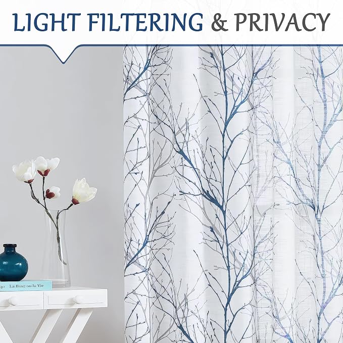 FMFUNCTEX Linen Blue White Semi Sheer Print Curtains 54 Inch Long 2 Panels | Short Sheer Branch Patterned Drapes, Light Filtering Grommet Panels for Kitchen, Bathroom Cafe Windows, and Farmhouse Curtain
